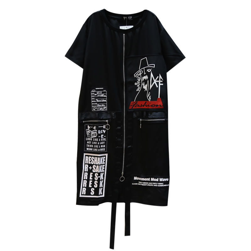 XITAO Tide Print Letter Plus Size Dress Suquined Elegant Women Irregular Pocket Korean Fashion Pullover Match All Summer DLL3176 210409