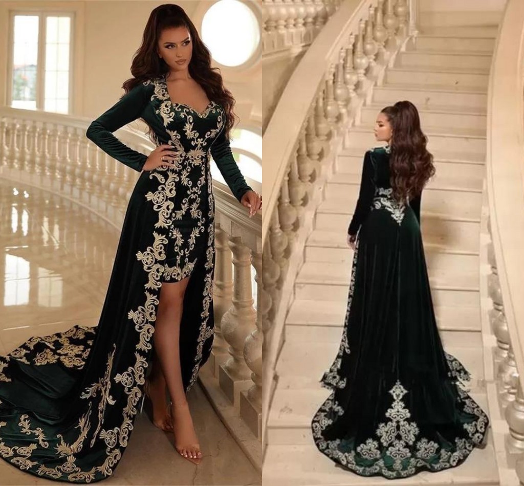 Green Two Emerald Pieces Prom Dresses Caftan Lace Embroidery Veet Arabic Muslim Morocco Long Sleeve Evening Gown with Cloak