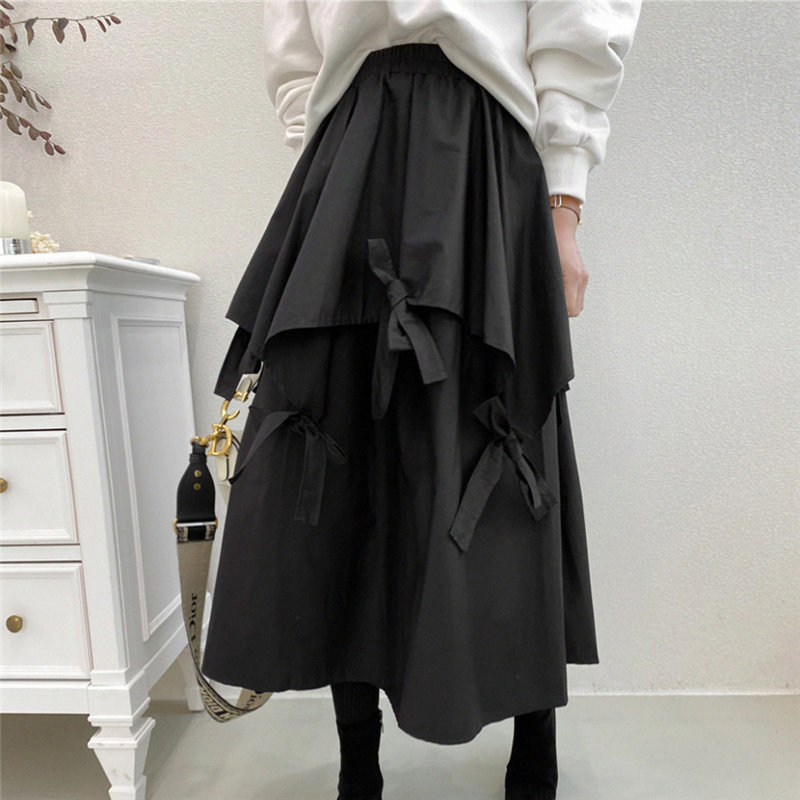 Black Bow Loose Elastic-Waist Solid High Waist A-Line Sweet Bottoming Brief Elegant Women OL Sexy Long Skirts 210421