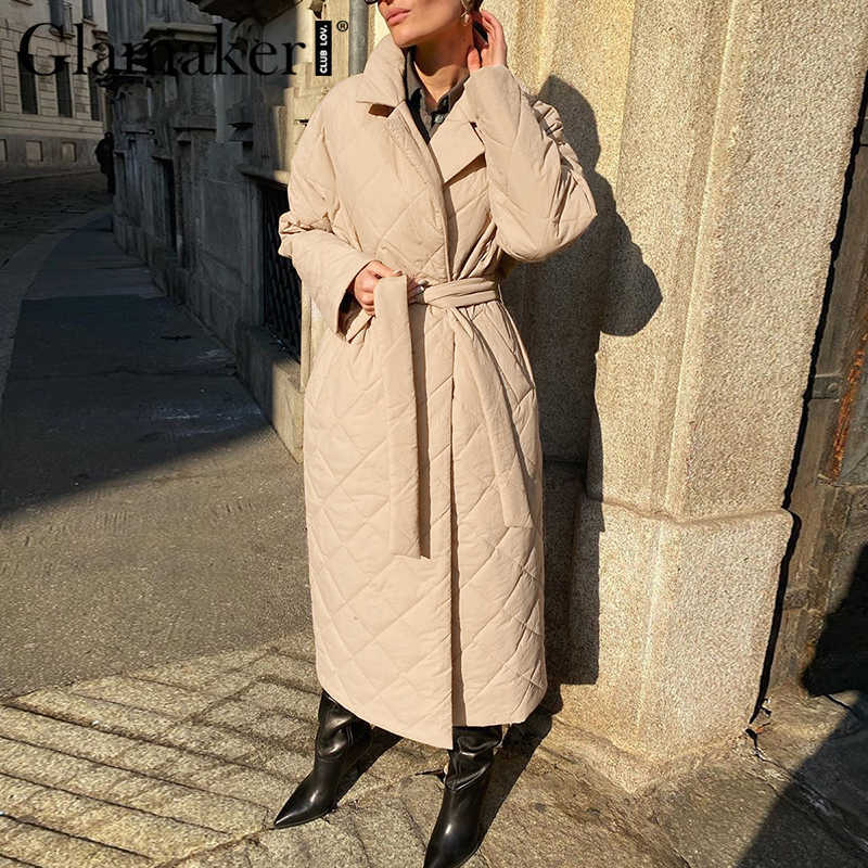 Glamaker Casual rhombus printed women winter parka Long deep pockets straight coat Female tailored collar outerwear 211011