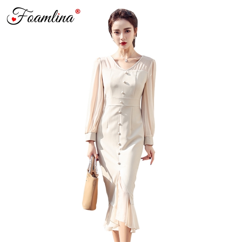 Elegant Women Dress Spring Fashion V Neck Chiffon Patchwork Long Sleeve Ruffles Midi Work Party Bodycon 210603, Apricot
Elegant Women Dress Spring Fashion V Neck Chiffon Patchwork Long Sleeve Ruffles Midi Work Party Bodycon 210603, Apricot