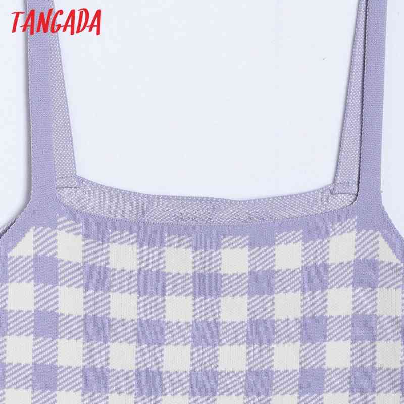 Women Purple Plaid Knit Camis Crop Top Spaghetti Strap Sleeveless Backless Shirts Female Casual Tops 6H11 210416