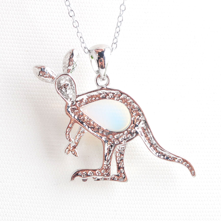 WOJIAER Cute Animal Kangaroo Pendant Water Drop Natural Stone Pink Quartz Crystal Fashion Jewelry for Women Girls BE907