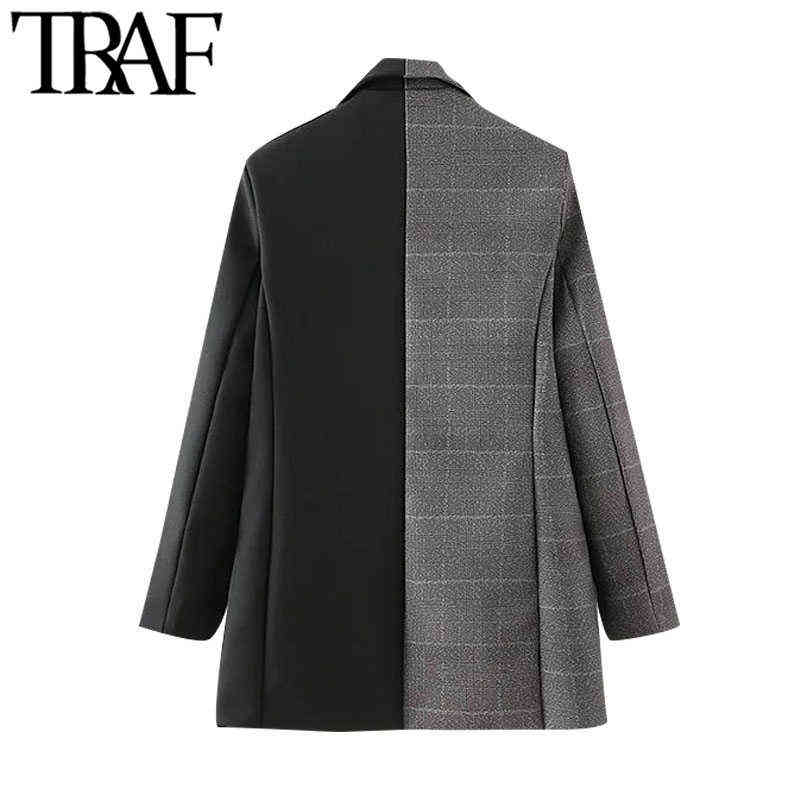 TRAF Women Fashion Double Breasted Patchwork Blazer Coat Vintage Long Sleeve Pockets Female Outerwear Chic Tops 211122