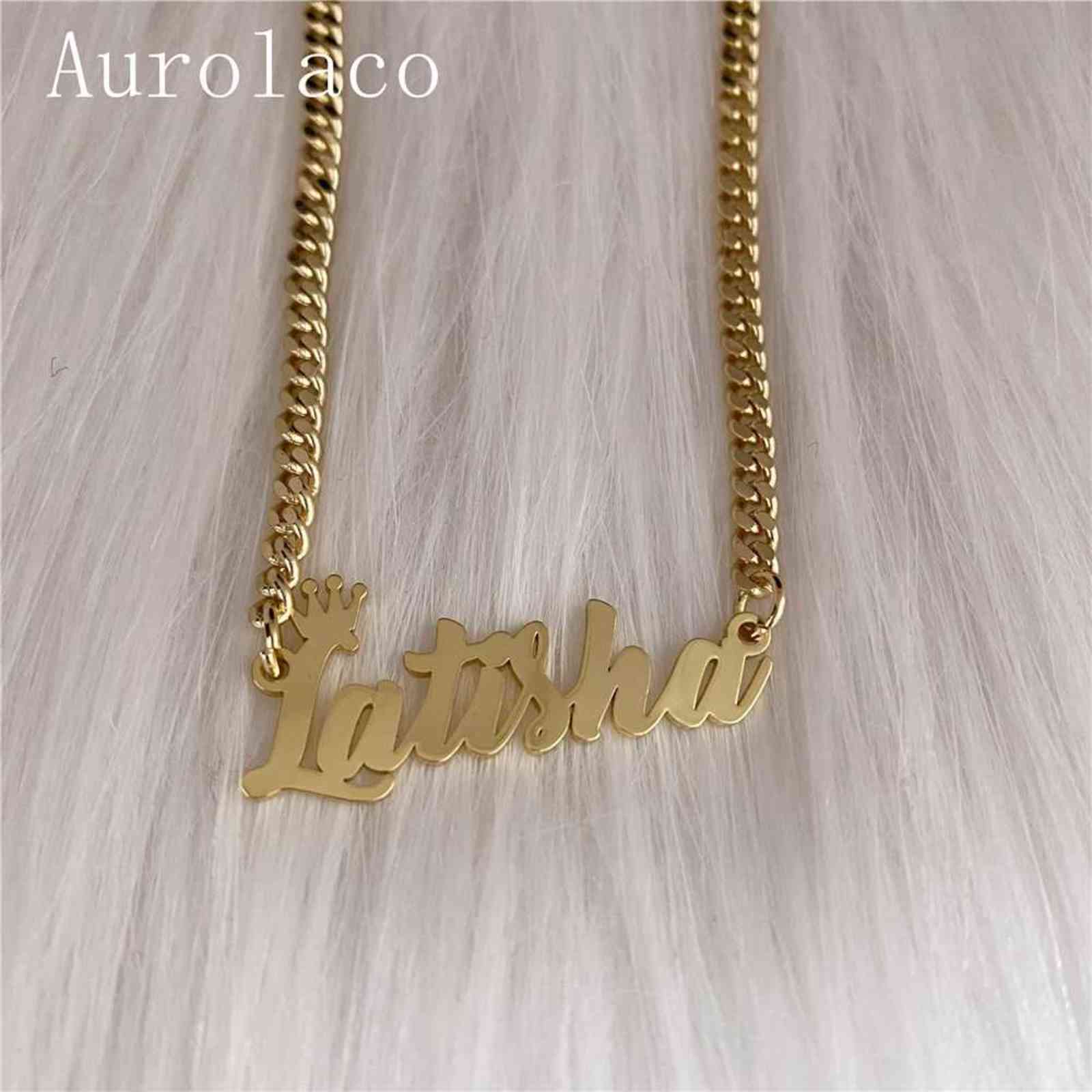AurolaCo Custom Name Necklaces with Crown Cuban Chain Necklaces Stainless Steel Custom Letter Necklace For Women Gift 211123