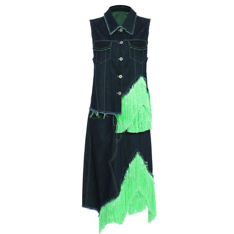 DEAT New Spring Summer Fashion Casual Sleeveless Single Breasted Slim Green Tassel Vest Skirt Denim Two Piece Set SJ942 210428
