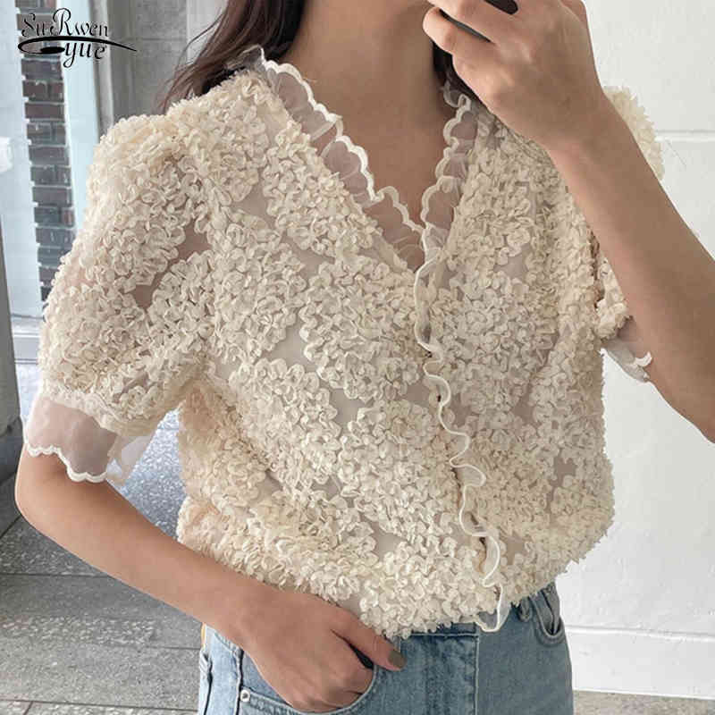 Elegent V-neck Mesh Wood Ear Stitching Tops Three-dimensional Pleated Flower Design Loose Short Sleeve Shirt Woman Blusas 14336 210521, Picture
Elegent V-neck Mesh Wood Ear Stitching Tops Three-dimensional Pleated Flower Design Loose Short Sleeve Shirt Woman Blusas 14336 210521, Picture