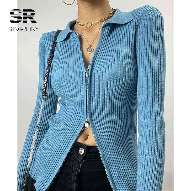 SINGREINY Autumn Zipper Knitted Sweater Women Turndown-Collar Long Sleeve Elastic Knitted Tops Winter Fashion Basic Sweaters 211109