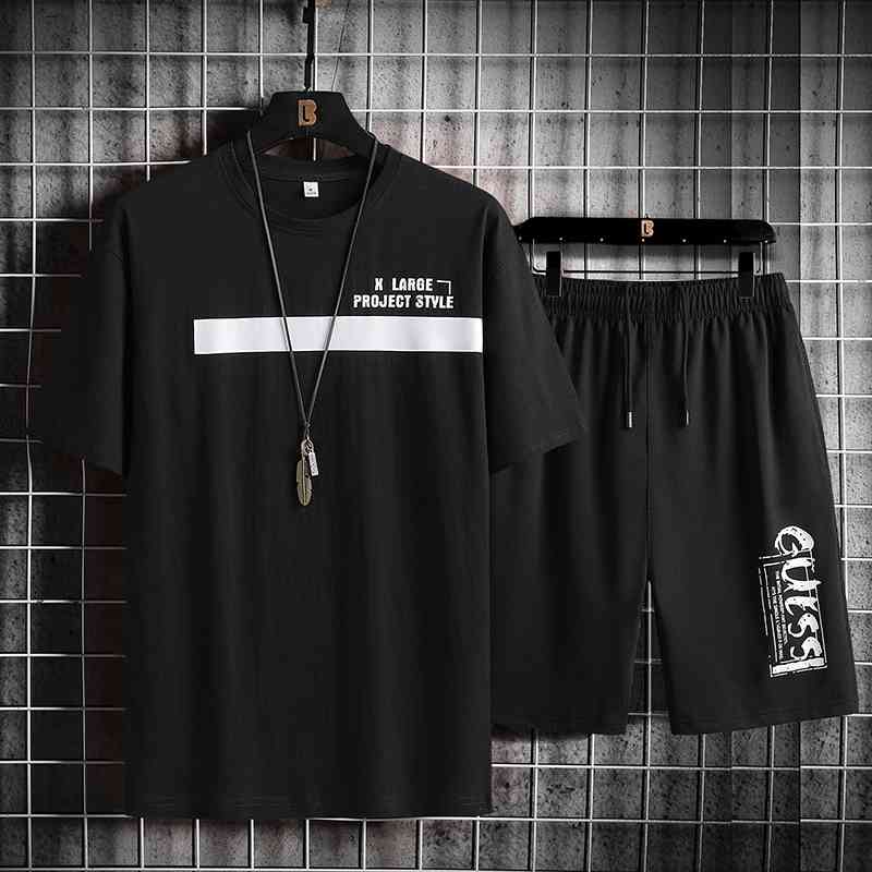 Men Casual Set Letter Print Tracksuit Fashion 2 Piece Striped Short Sleeve T-shirt+Shorts Male Sportswear Summer Sportsuit 210603