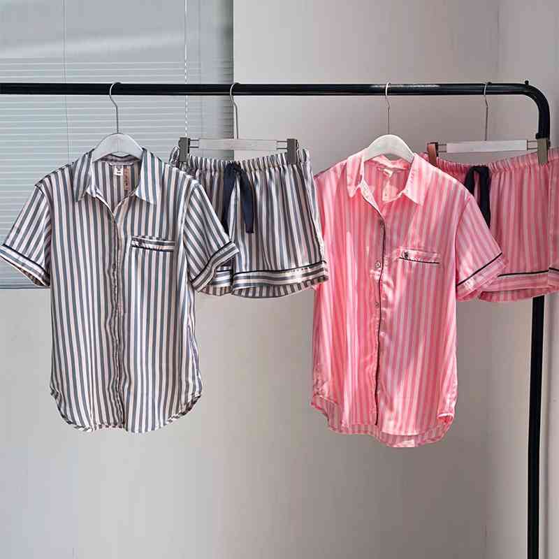 Satin Pajamas for Women Summer Short Pijama Sleepwear Striped Silk Ladies Pyjamas Pjs Night Wear Loungewear Home Suits 210330