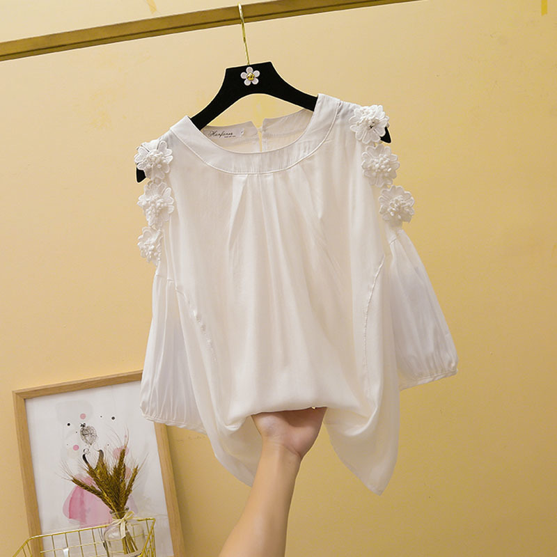 Spring and Summer Korean Loose Slim Fit Women Tops Off Shoulder Flower Embellishment Solid Chiffon Blouse 9531 210427