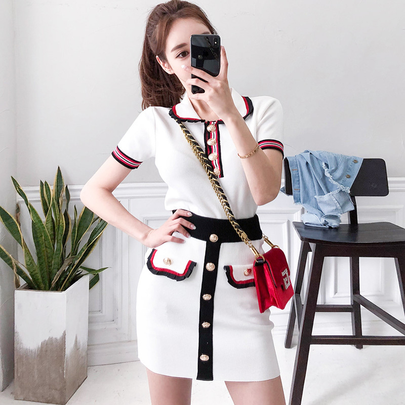 Summer Women Runway Turn-down Collar Striped Knitted Tops Short Sleeve Sweater + Gold Buttons Mini Pencil Skirt Set 210515
