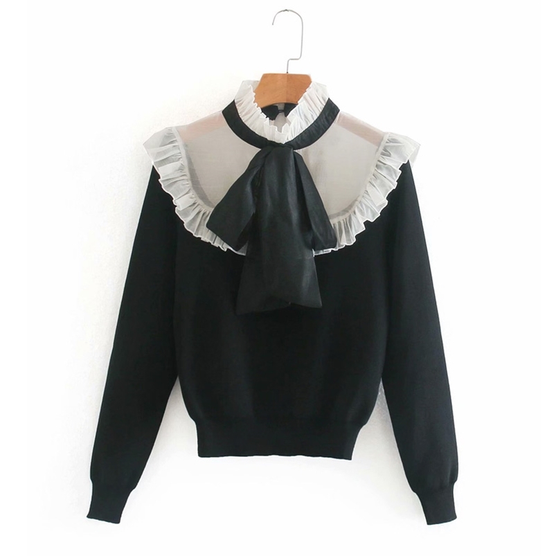 Autumn Women Sweet Spliced Sweater Long Sleeve Bow Tie Knitting Elasticity Female Street Fashion Pullovers Sweaters 210513