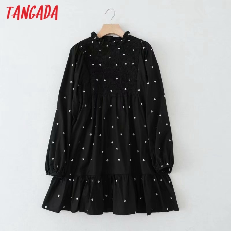 Women Heart Embroidery Black Dress Long Sleeve Pleated Females Mini Dresses Vestidos 5B19 210416