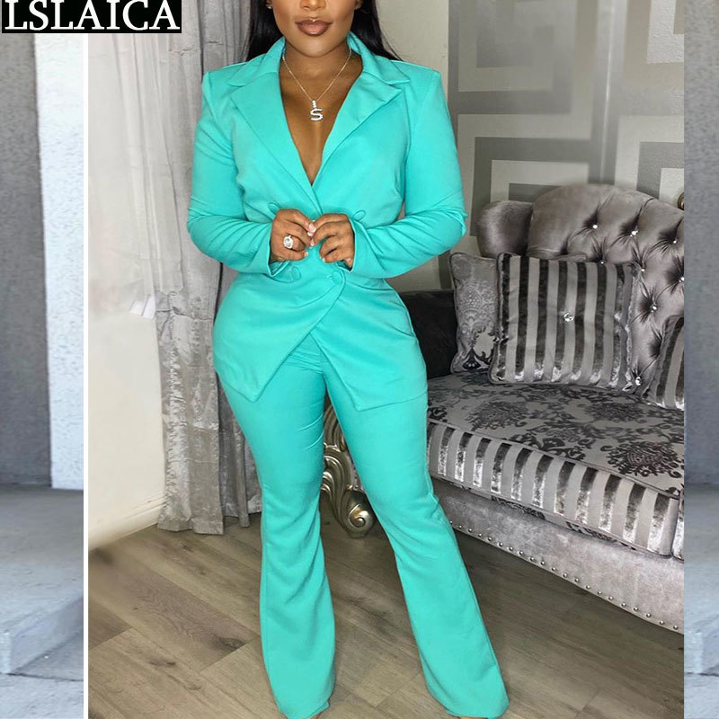 Fashion Casual Two Piece Pants Set Women Solid Color Long Sleeve Blazer Womens Sets Office Lady Club Outfits 210520