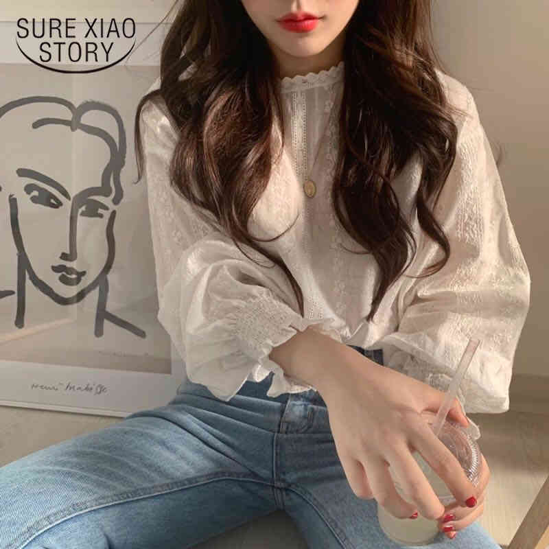 Spring Long Sleeve Blouse Blusas Mujer De Moda Women Embroidery Lace Shirt Linen Cotton Girls 6874 210510