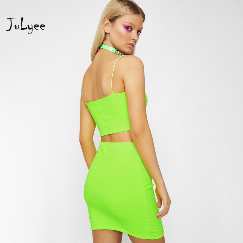 Women Skirt Sets Solid Strapless Spaghetti Strap Backless Short Top And Mini Bodycon Summer Two Piece Outfits Dress
