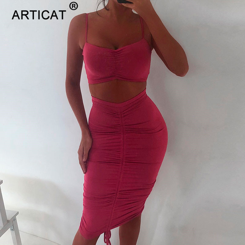 Articat Two Piece Sexy Pleated Party Dress Women Spaghetti Strap Backless Slinny Pencil Christmas Dress Casual Dress Vestidos 210409