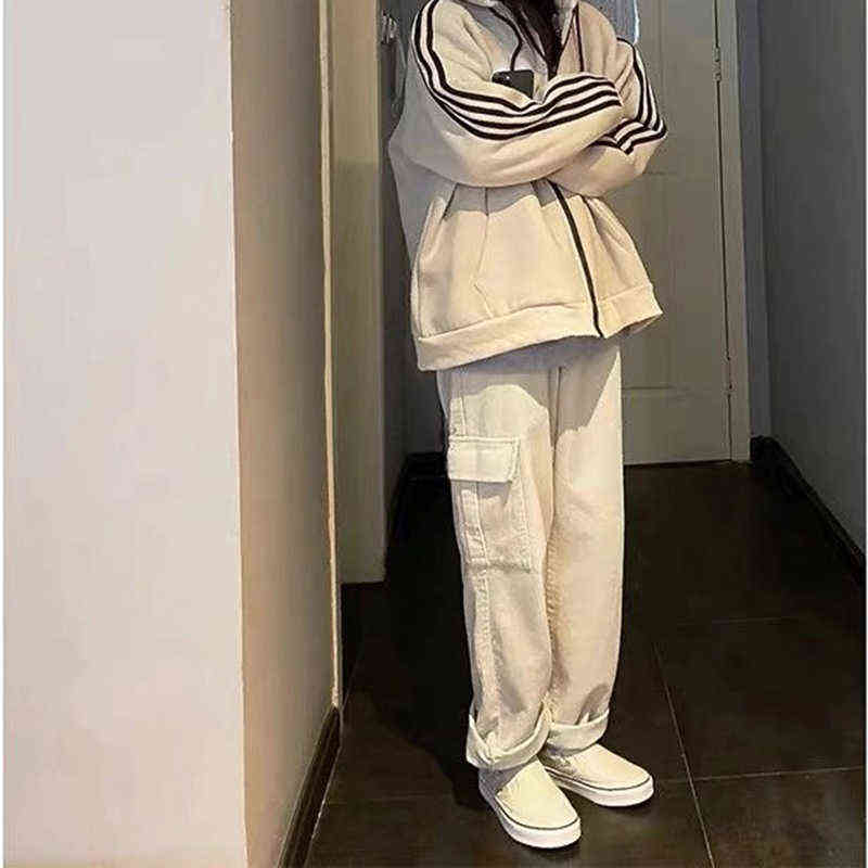 Women's Cargo Pants Corduroy Wide Leg Pocket Jogger Trousers Autumn Winter Casual Loose Streetwear Harajuku Harem Pant Females 211112