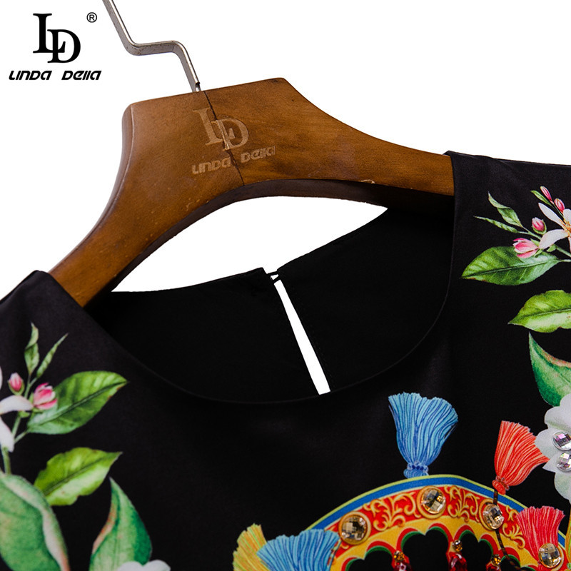 Fashion Runway Autumn Vintage Two Pieces Set Suits Women's Short Sleeve Beading Tops And Printed Long Pants 210522