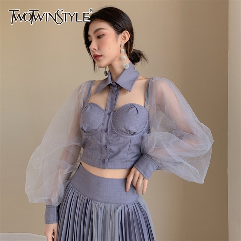 Sexy Patchwork ,mesh Tops For Women Lapel Long Sleeve Hollow Out Short Shirt Female Fashion Clothing Spring 210524, Gray
Sexy Patchwork ,mesh Tops For Women Lapel Long Sleeve Hollow Out Short Shirt Female Fashion Clothing Spring 210524, Gray