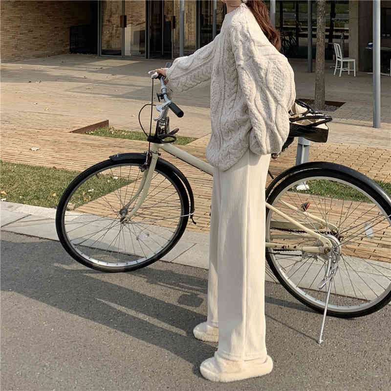 2colors long Trousers Women Loose breif Straight Pants Casual corduroy Pants Female Thick Warm Wide Leg Pants women(R99471 210423