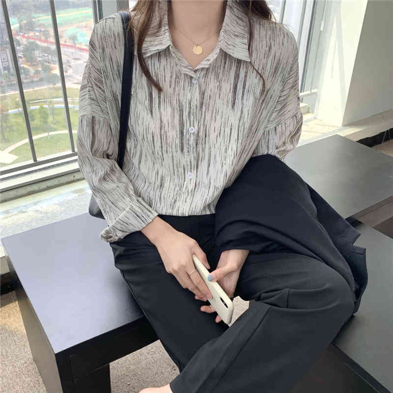 Green Full Sleeves Office Lady Striped Tops OL Casual Summer Brief Printed Lapel Vintage Outwear Femme Shirts 210421