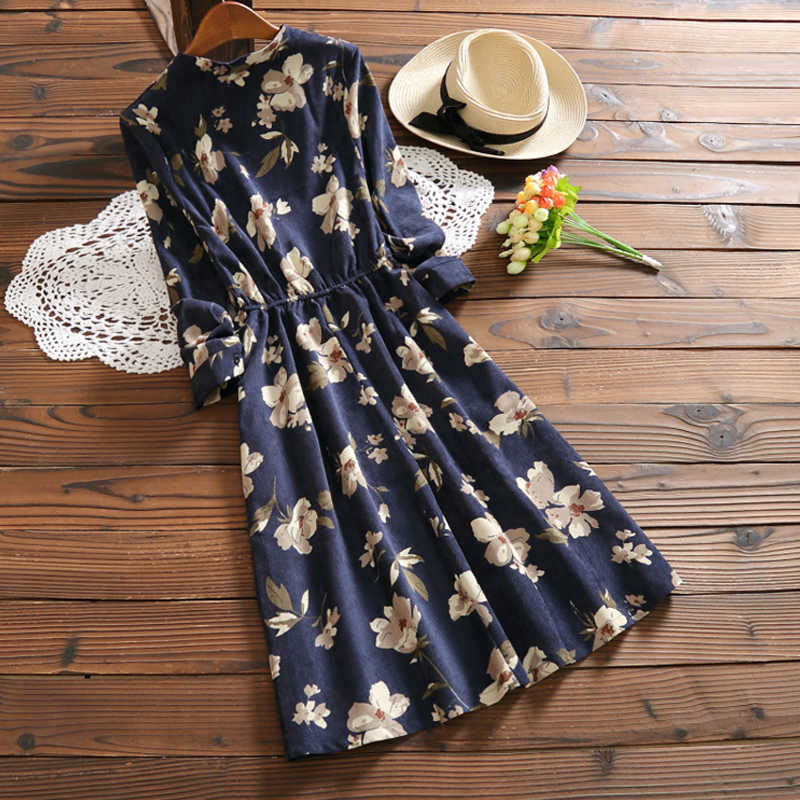 Spring Autumn Vintage Floral Printed Women Dress Long Sleeve Corduroy Button Knee Length Women Dress Vestidos 7426 50 210528