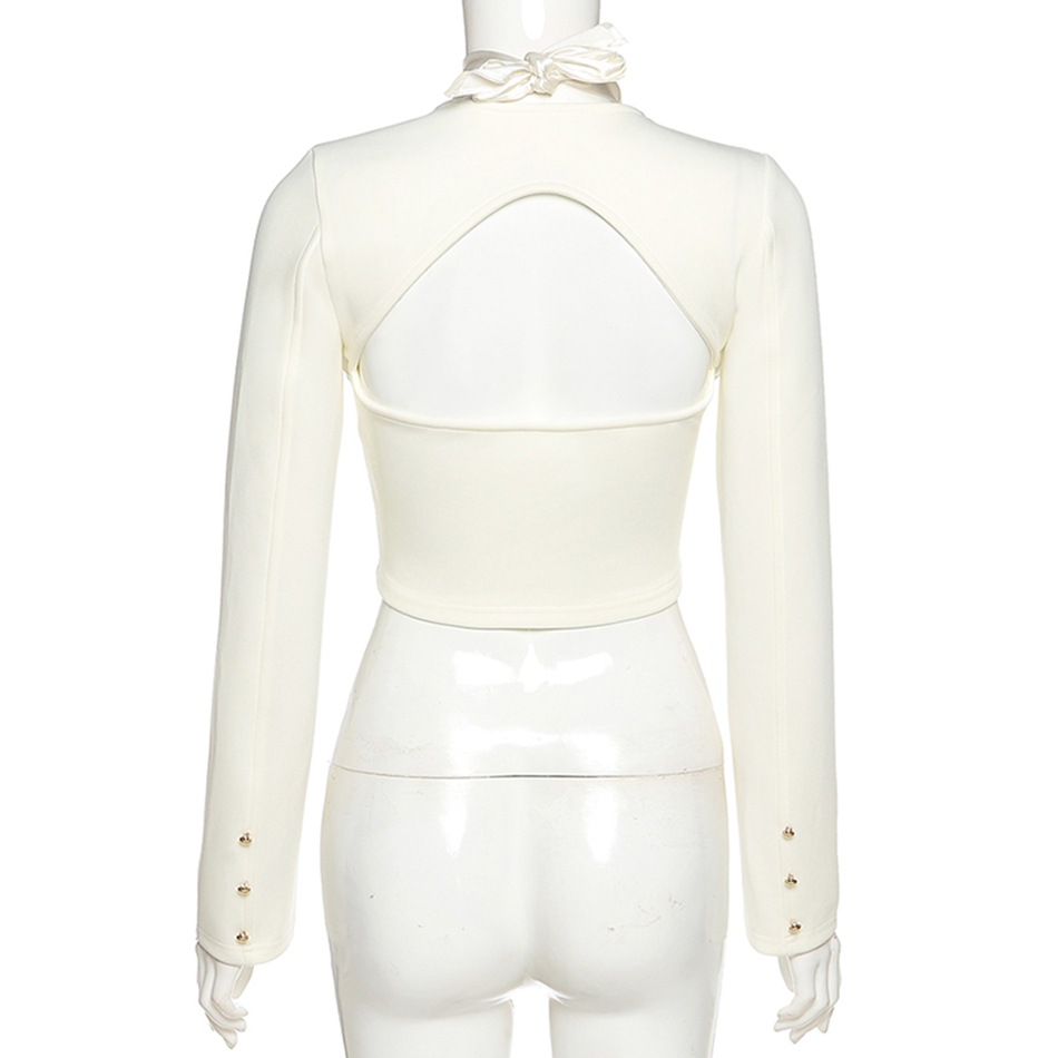 Free Elegant Women Tops Fashion Party Long Sleeve Single Breasted Slim Cropped Hollow Backless 210524