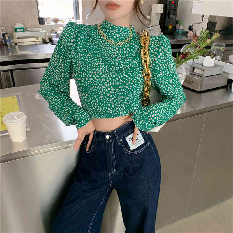 Sexy Backless Green Chiffon Floral Print Women Blouse Shirt O Neck Puff Long Sleeve Short Bloused Lace Up Ladies Blusas 210519