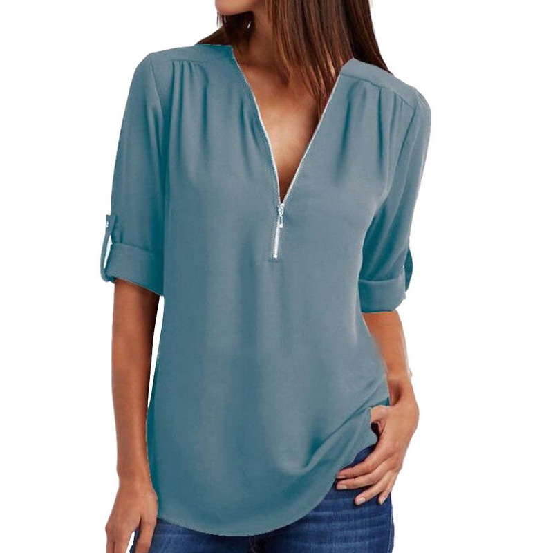 Women Blouses Summer Elegant V Neck Roll Up Long Sleeve Zipper Tunic Chiffon Tops Casual Loose Blue Shirt Female S-5XL Plus Size 210522