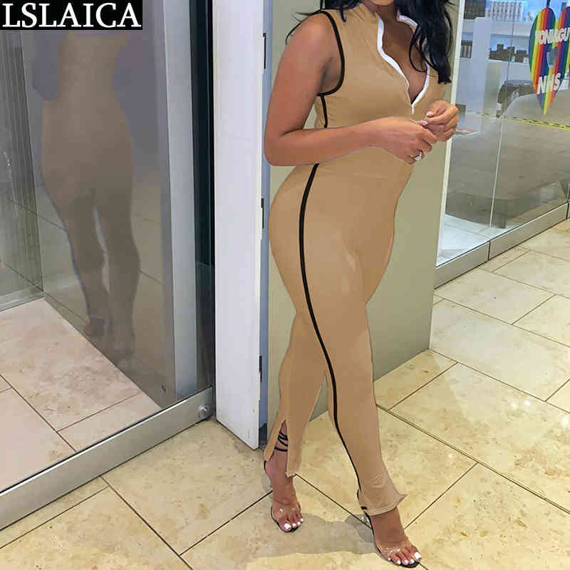 Jumpsuit Women Summer Solid Sleeveless Zipper Bodysuit Long Pants Rompers Sportswear Overalls Enterizos Para Mujer 210515