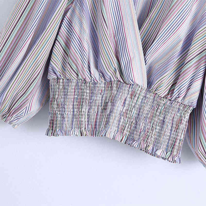 Sweet Women V Neck High Waist Blouse Spring-autumn Fashion Ladies Street Female Shirt Puff Sleeve Stripes 210515