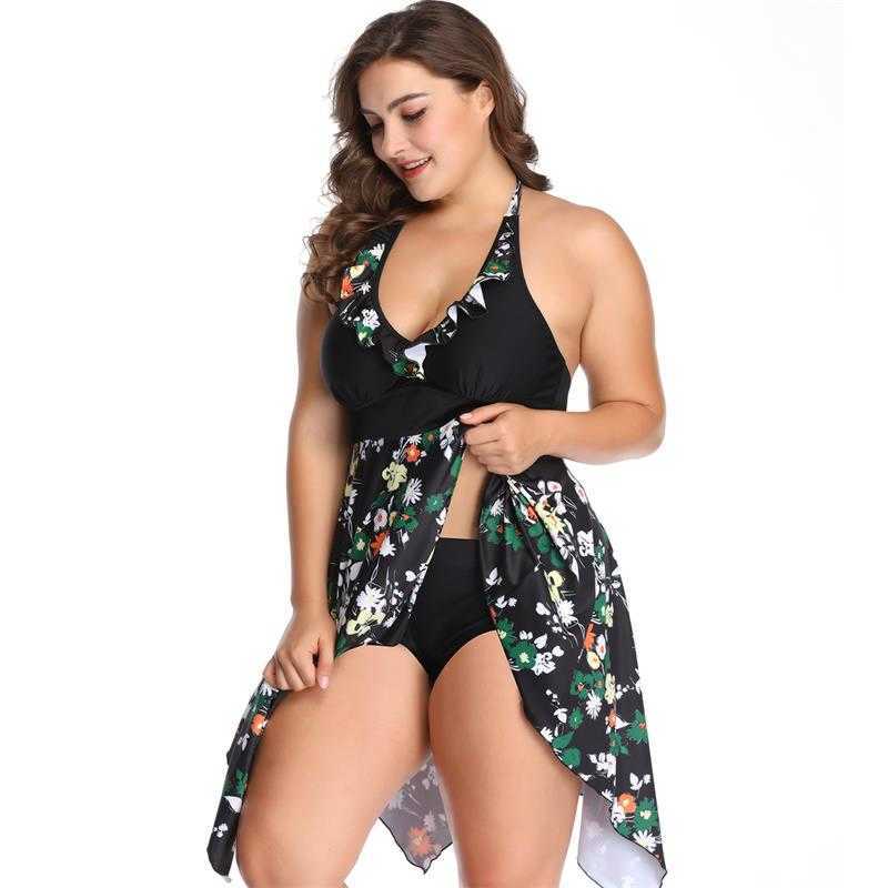 Plus Size Swimsuit Tankini Set Swimwear 6XL Women Swim 2 Piece Print Large Big Breasts Halter Bathing Suit Beachwear Swimdress 210625