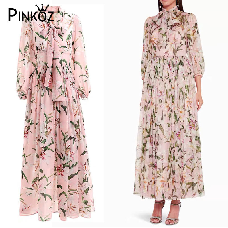 Fashion Runway Long Sleeve Dress Women's Bow Tie Chiffon Lily Flower Print Casual Holiday Elegant Maxi Beach 210421