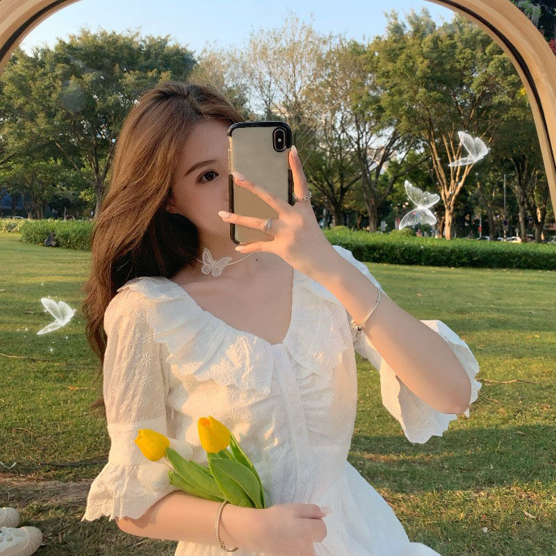 Elegant Dresses for Female White V-Neck Button Slim Mini Dress Beach Office Lady Kawaii Thin Women Fairy Dress Korea Summer 210521