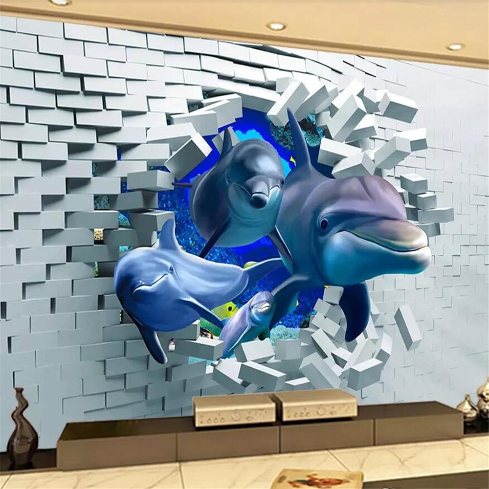 3D brick wall broken wall deep-sea animal dolphin three-dimensional living room wall custom large mural wallpaper