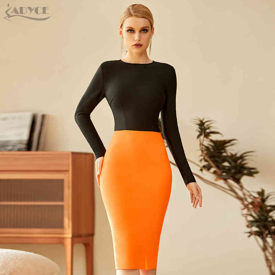 Winter Women Long Sleeve Bandage Dress Sexy O Neck Black Patchwork Midi Club Celebrity Runway Party Bodycon 210423
