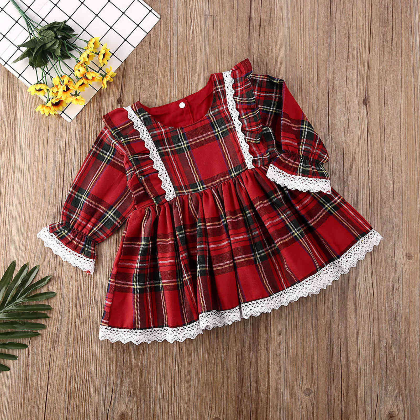 1-6Y Christmas Girls Red Dress Toddler Baby Kid Girls Lace Ruffles Tutu Party Dress Plaid Xmas Costumes Children Clothes 211130