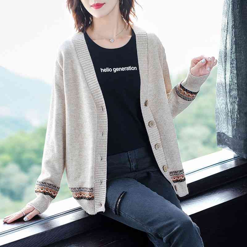 V-neck Striped Knit Stretch Sweater Female Color Matching Long-sleeved National Style Cardigan Single-breasted Women 210427