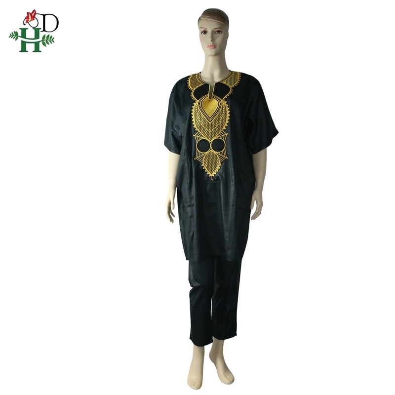 plus size spring woman suit black African lady clothing riche bazin Women Dashiki suits tops pant embroidery outfit set 210408