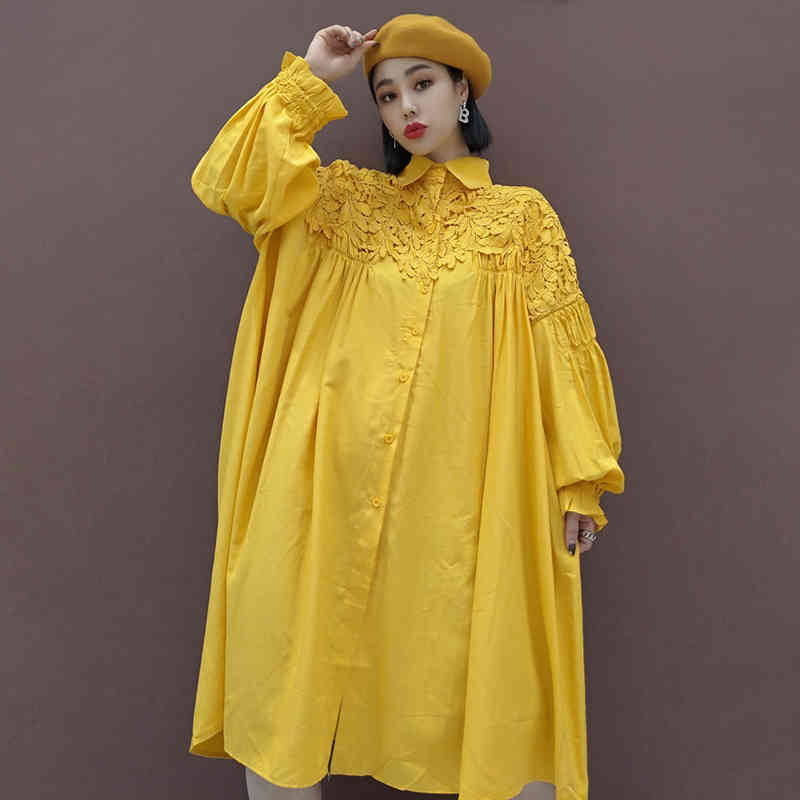 SHENGPLLAE Chic Lace Patchwrok Dress Women's Spring Lapel Large Size Single Breasted Long Sleeve Knee-length Dresses 210427