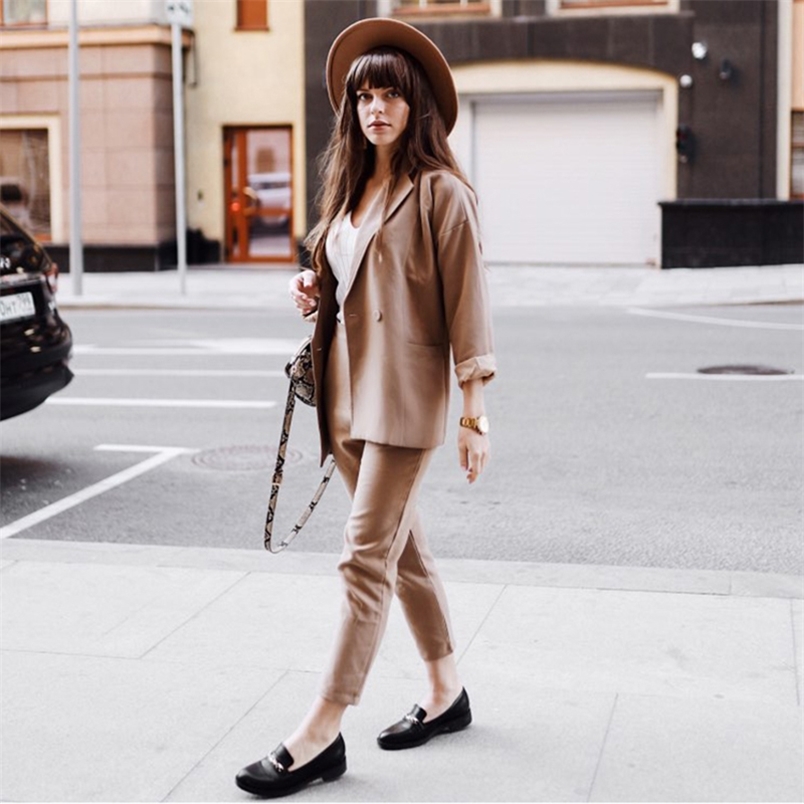 Arrival Autumn high quality Solid Women Pant Suits Notched Collar Blazer Jacket & Pencil Khaki Female Suit S11 210512