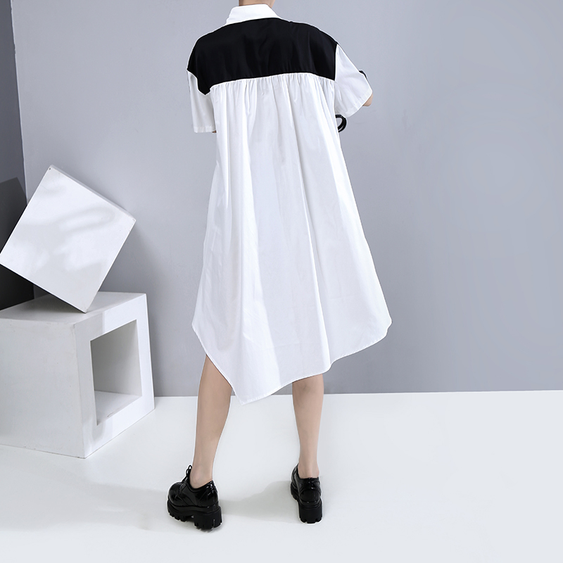New Unique Style Women Summer Tide Shirt Dress Zipper & Pocket Patchwork Plus Size Lady Loose Fit Midi Casual Dresses 6255 210409