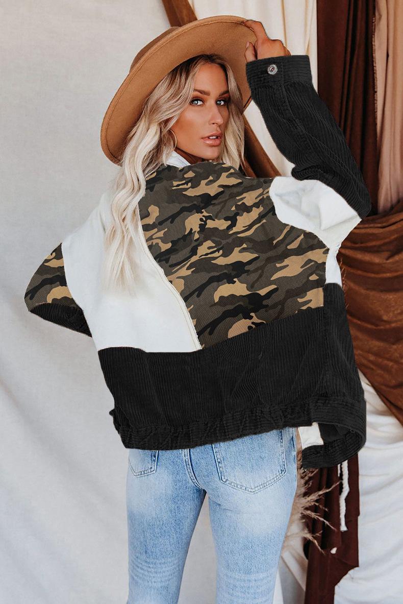 Women's Jackets For Women 2023 Denim Corduroy Camouflage Stitching Jacket Turn-dowm Lapel Vintage Cowgirl Coats Chaqueta Mujer