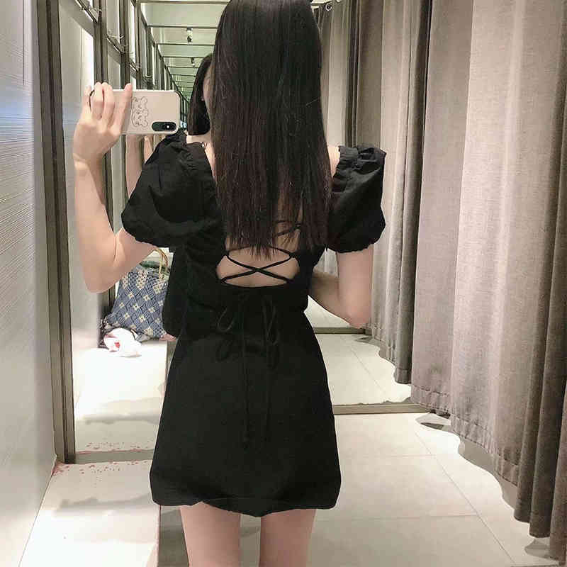 Vintage Black Linen Dress Summer Women Sexy Backless Lacing Puff Sleeve Square Neck Vestido Mujer Party Short Dresses 210430