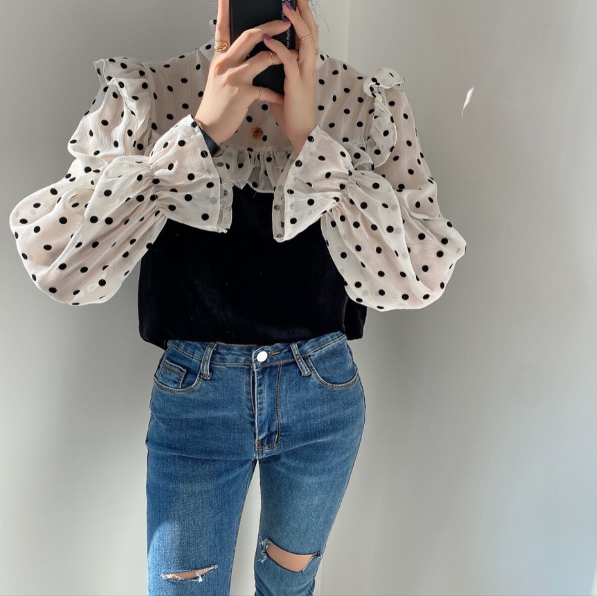 Polka Dots Mesh Work Wear Stylish Blouse Brief Office Lady Basic Elegance Patchwork Women Slim Gentle Shirts 210421