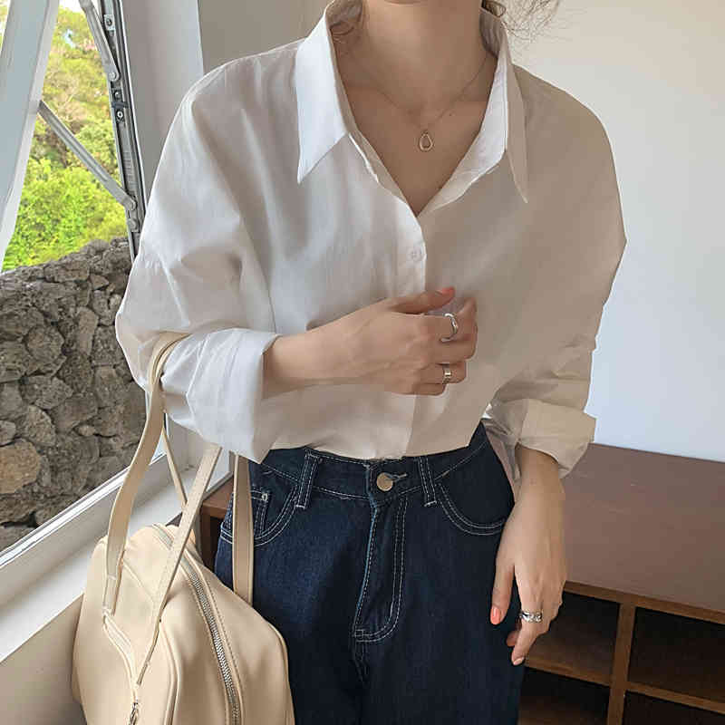 White Oversize Office Lady Loose Shirts Minimalist Solid Brief Chic Korean Stylish Lapel OL Arrival All Match Tops 210421