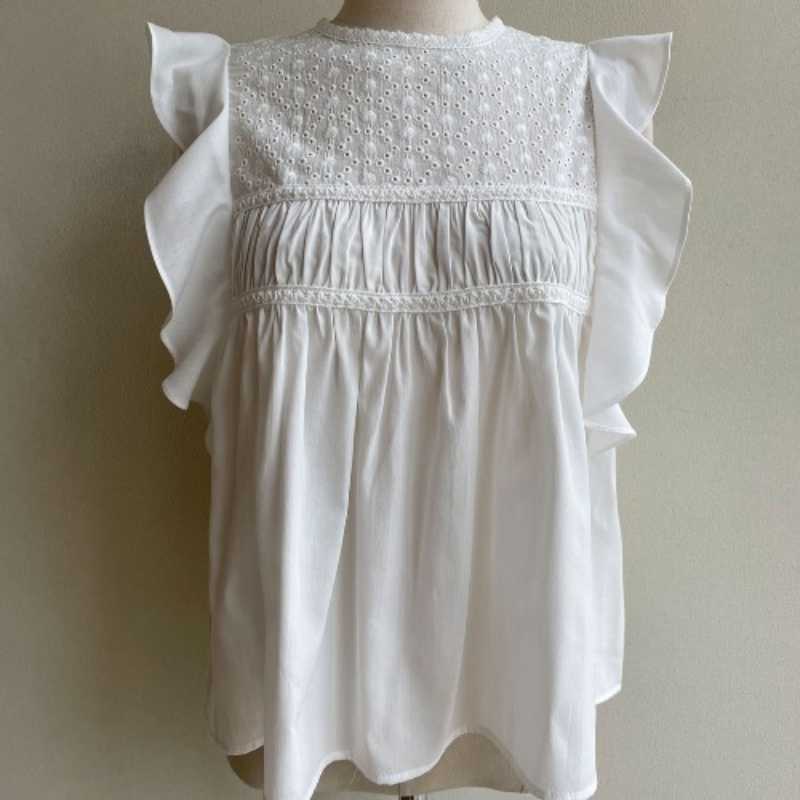 Ruffle Sleeveless Woman Tops Korean Elegant Lace Patchwork Blouse Shirt Summer Causal Blusas De Mujer 6J823 210603
