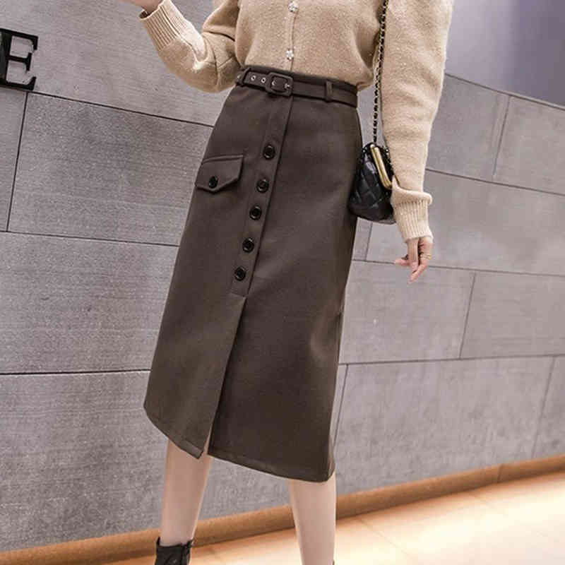 Autumn Korean Wool Vintage Midi Skirt A-Line Button s Womens Winter Black Casual Long Faldas Mujer 12133 210512